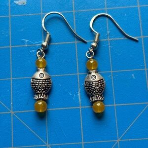 Artisan Silver Fish Earrings with Yellow Accents